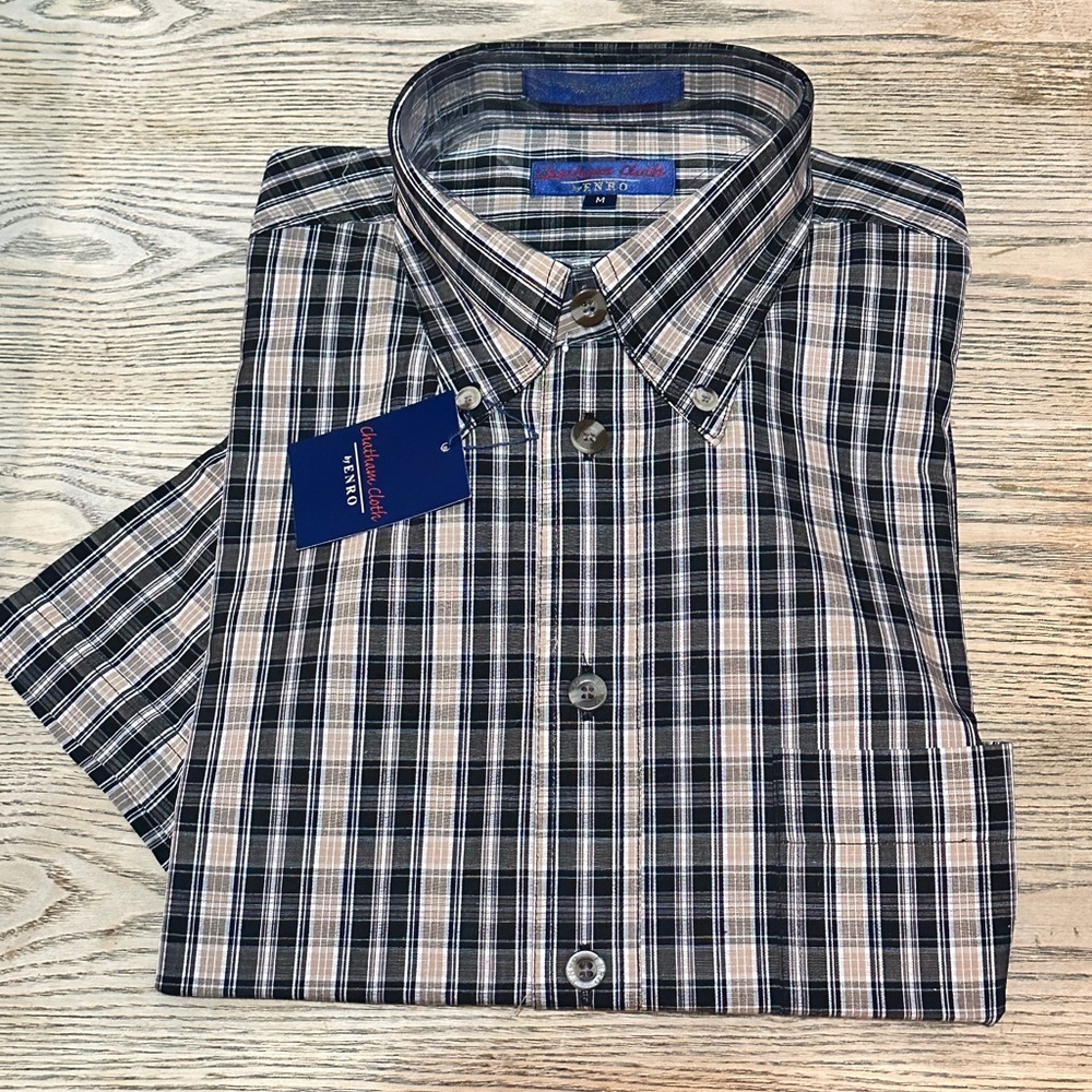 ENRO Chatham Cloth Plaid Button-Downed Shirt Mens Size Medium Black Khaki Plaid
